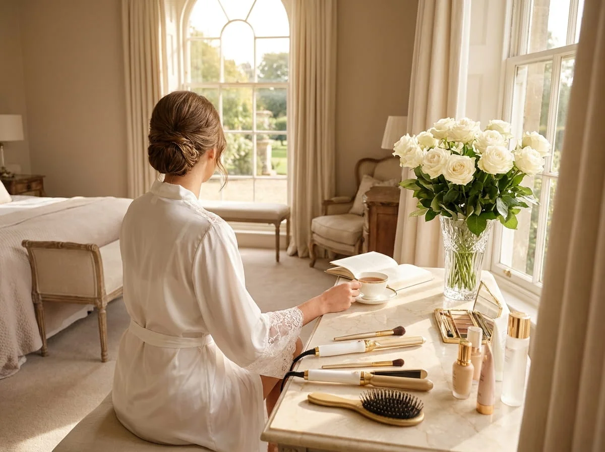 Bride preparing in luxury suite before Marrakech wedding