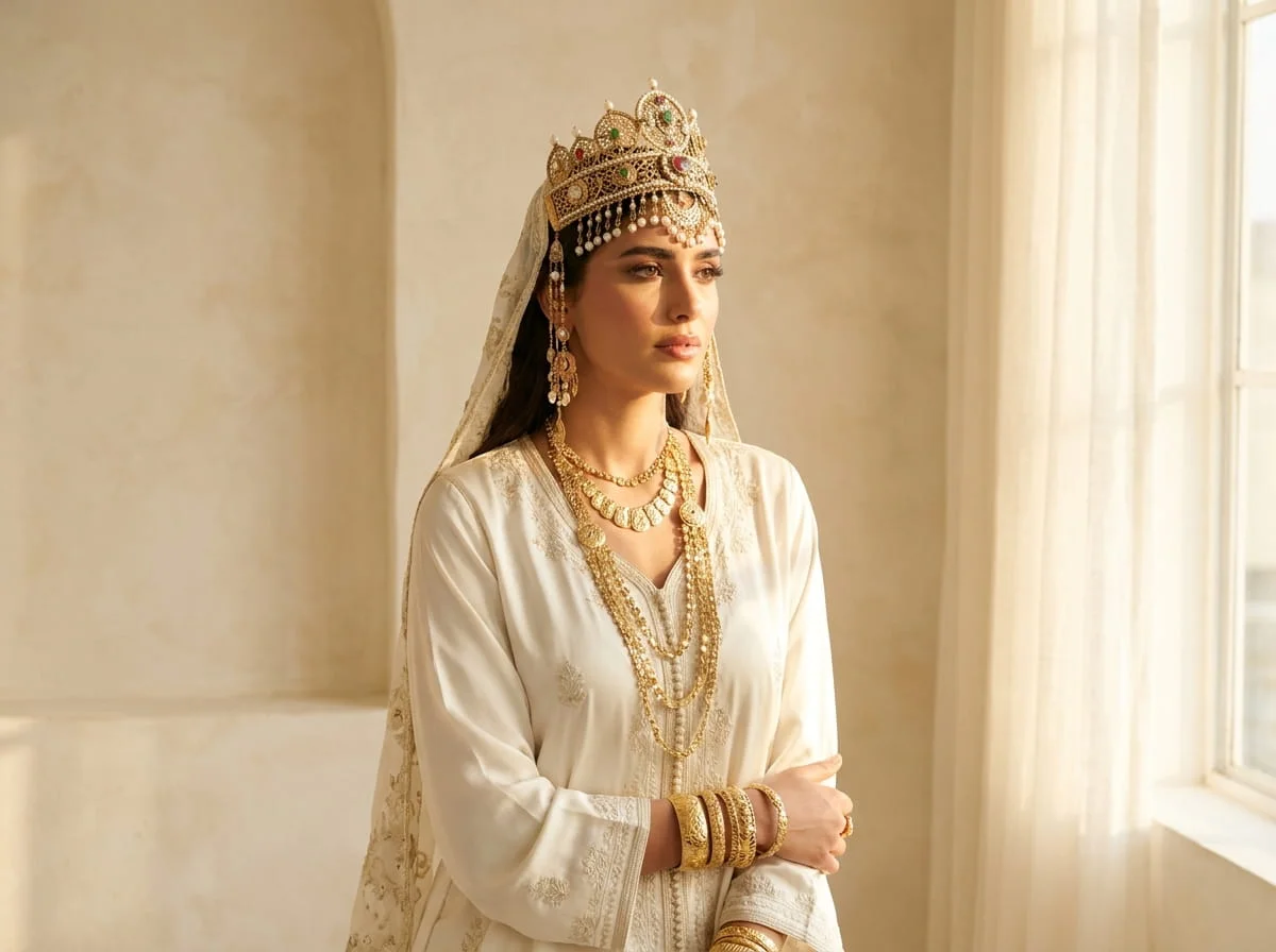 Moroccan bride wearing bridal headpiece and modern updo