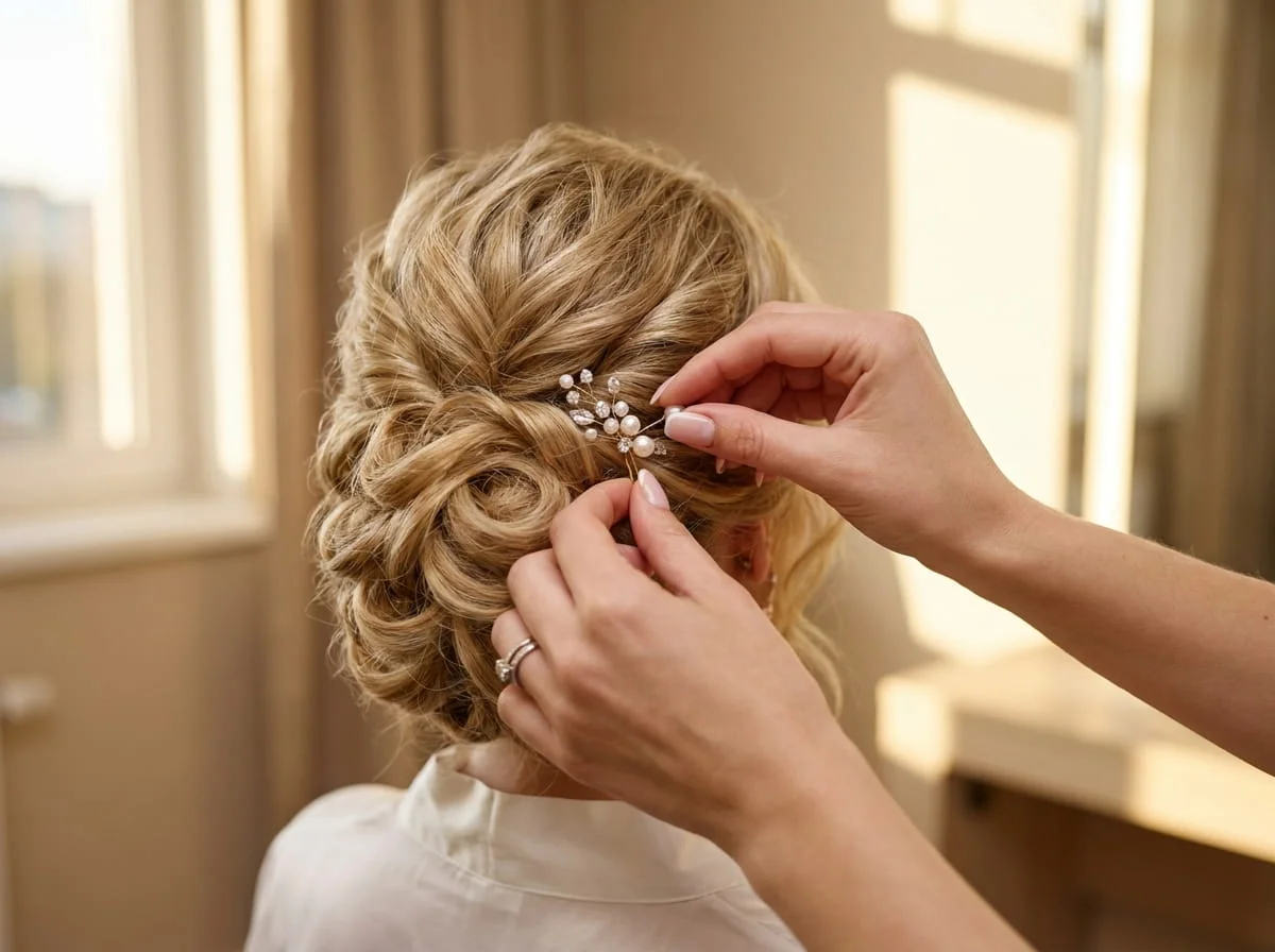 Master hairstylist placing hair pin in bride's updo