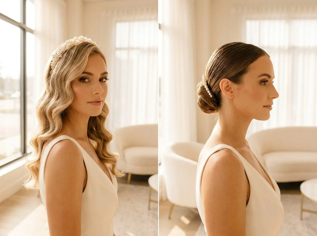 Comparison of Hollywood waves and sleek bun bridal styles